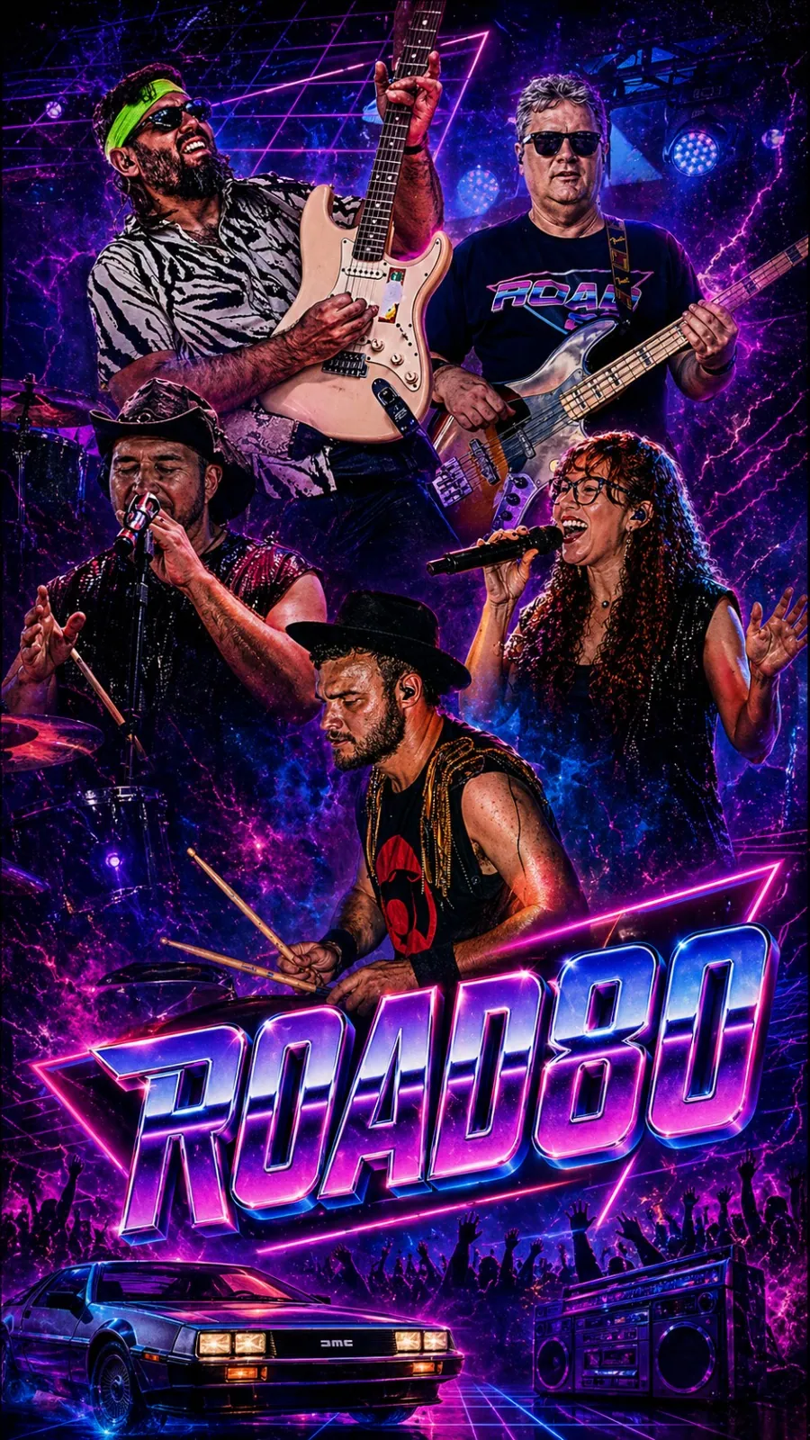 Arte da Road80 com os cinco integrantes tocando