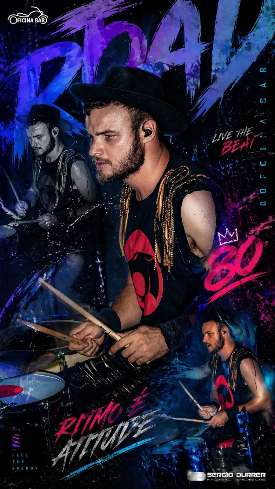 Thiago Roel na bateria em show no Oficina Bar